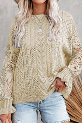 Openwork Round Neck Long Sleeve Sweater Beige OutfitFlow