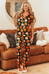 Pumpkin Printed Short Sleeve Top and Pants Lounge Set Orange OutfitFlow