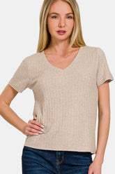 Zenana Ribbed Short Sleeve T-Shirt Ash Mocha OutfitFlow