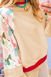 Printed Round Neck Long Sleeve Sweatshirt Beige OutfitFlow