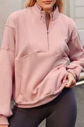 Half Zip Drop Shoulder Long Sleeve Sweatshirt Pale Blush OutfitFlow
