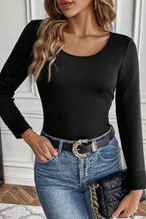 Round Neck Long Sleeve Top Black OutfitFlow