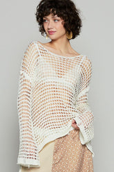 POL Side Slit Openwork Long Sleeve Knit Cover Up Cream OutfitFlow