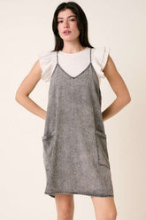 Mittoshop Washed Patch Pocket Mini Cami Denim Dress Gray OutfitFlow