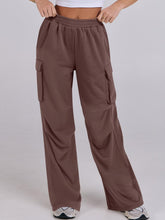 Elastic Waist Wide Leg Pants with Pockets Dark Brown OutfitFlow