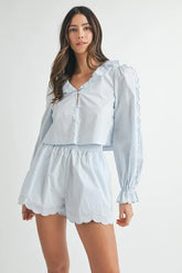 MABLE Long Sleeve Scallop Blouse and Shorts Set Lt Blue OutfitFlow