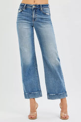 RISEN Full Size Mid Rise Crop Straight Jeans with Taylor Cuffed Plus Size MEDIUM OutfitFlow