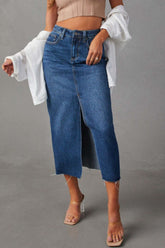 Slit Raw Hem Midi Denim Skirt Dark Blue OutfitFlow