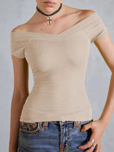 Ribbed V-Neck Cap Sleeve Fitted T-Shirt Dust Storm OutfitFlow