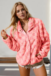 Double Take Checkered Long Sleeve Fuzzy Jacket Strawberry OutfitFlow