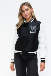 Love Me Now PU Leather Contrast Snap Down Bomber Jacket Black White OutfitFlow