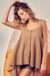 BiBi Popcorn Waffle Knit with Buttoned Front Cami Top TAUPE OutfitFlow