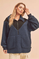 Aemi+Co Two Tone Half Zip Fleece Sweatshirt Navy OutfitFlow