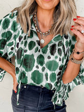 Printed Tie Neck Three-Quarter Sleeve Blouse Dark Green OutfitFlow