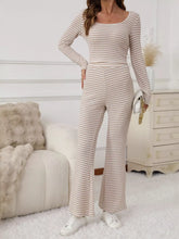 Striped Knit Long Sleeve Top & Flare Leg Pants Set Apricot OutfitFlow