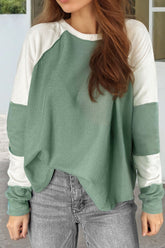 Color Block Round Neck Raglan Sleeve Top Sage OutfitFlow