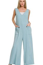 Zenana French Terry Deep V Neck Jumpsuits DUSTY TEAL OutfitFlow