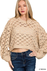 Zenana Oversized Cropped Crochet Knit Sweater LT MOCHA OutfitFlow