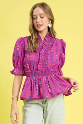Umgee Printed Half Sleeve Peplum Blouse Red-Violet OutfitFlow