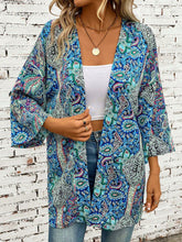 Printed Open Front Three-Quarter Sleeve Cover Up Teal One Size OutfitFlow