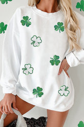 Sequin Lucky Clover Round Neck Long Sleeve Sweatshirt White OutfitFlow