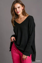 Umgee V-Neck High Low Hem Knit Top with Side Slit Black OutfitFlow