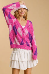 Umgee Full Size Argyle Pattern V-Neck Button Front Cardigan Plus Size Hot Pink OutfitFlow