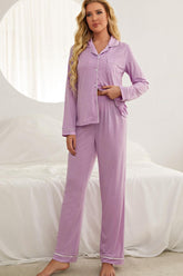 Contrast Piping Button Down Top and Pants Loungewear Set Purple OutfitFlow