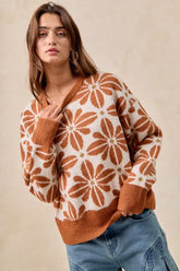 BiBi Flower Pattern Long Sleeve Sweater RUST IVORY OutfitFlow