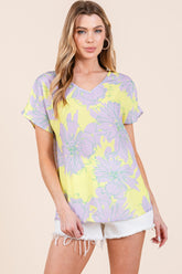 BOMBOM Floral Short Sleeve T-Shirt Lilac-Yellow OutfitFlow