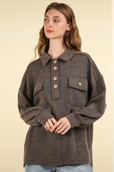 VERY J Collared Half Button Knit Top with Pockets Charcoal OutfitFlow