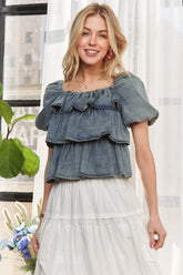 ADORA Washed Denim Layered Ruffle Blouse DENIM OutfitFlow