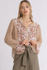 Umgee Full Size Mixed Print Metallic Detail Long Ruffle Sleeve Button Down Shirt Plus Size OFF WHITE MIX OutfitFlow