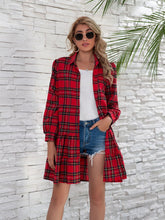 Ruffle Hem Plaid Button Down Long Sleeve Dress Burgundy OutfitFlow