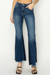 RISEN Full Size High Rise Side Shadow Seam Detail Slit Flare Jeans Dark OutfitFlow