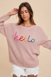 Annie Wear HELLO Embroidered Raglan Sleeve Sweater Mauve OutfitFlow