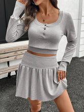 Ribbed Long Sleeve Top and Skirt Knit Set Light Gray OutfitFlow
