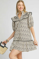 Umgee Ruffled Printed Puff Sleeve Mini Dress Black OutfitFlow