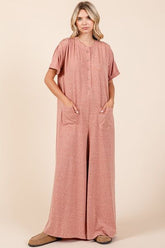 Mittoshop Button Detail Short Sleeve Wide Leg Jumpsuit Ginger OutfitFlow