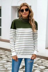 Striped Contrast Turtleneck Sweater Army Green OutfitFlow