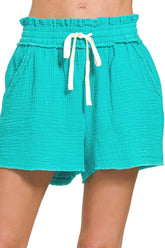 Zenana Double Gauze Elasticband Drawstring Waist Shorts TURQUOISE OutfitFlow