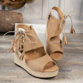 Peep Toe Wedge Sandals Khaki OutfitFlow