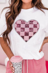 Sequin Checkered Heart Round Neck Short Sleeve T-Shirt White OutfitFlow