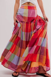 Color Block Elastic Waist Maxi Skirt Plaid OutfitFlow