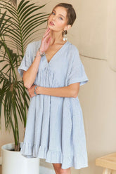 ADORA Ruffled Hem Striped V-Neck Babydoll Dress Light Blue OutfitFlow