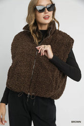 Umgee Sherpa-Lined Zip Vest with Drawstring Hem Brown OutfitFlow