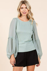Mittoshop Mixed Media Textured Knit Chiffon Long Sleeve Top Sage OutfitFlow