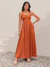 Crisscross Back Smocked Square Neck Maxi Dress Pumpkin OutfitFlow