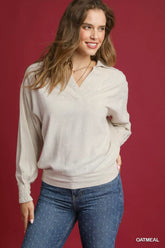 Umgee Linen Long Sleeves Elastic Hem Blouse OATMEAL OutfitFlow