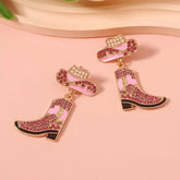 Rhinestone Boot Dangle Earrings Pink One Size OutfitFlow